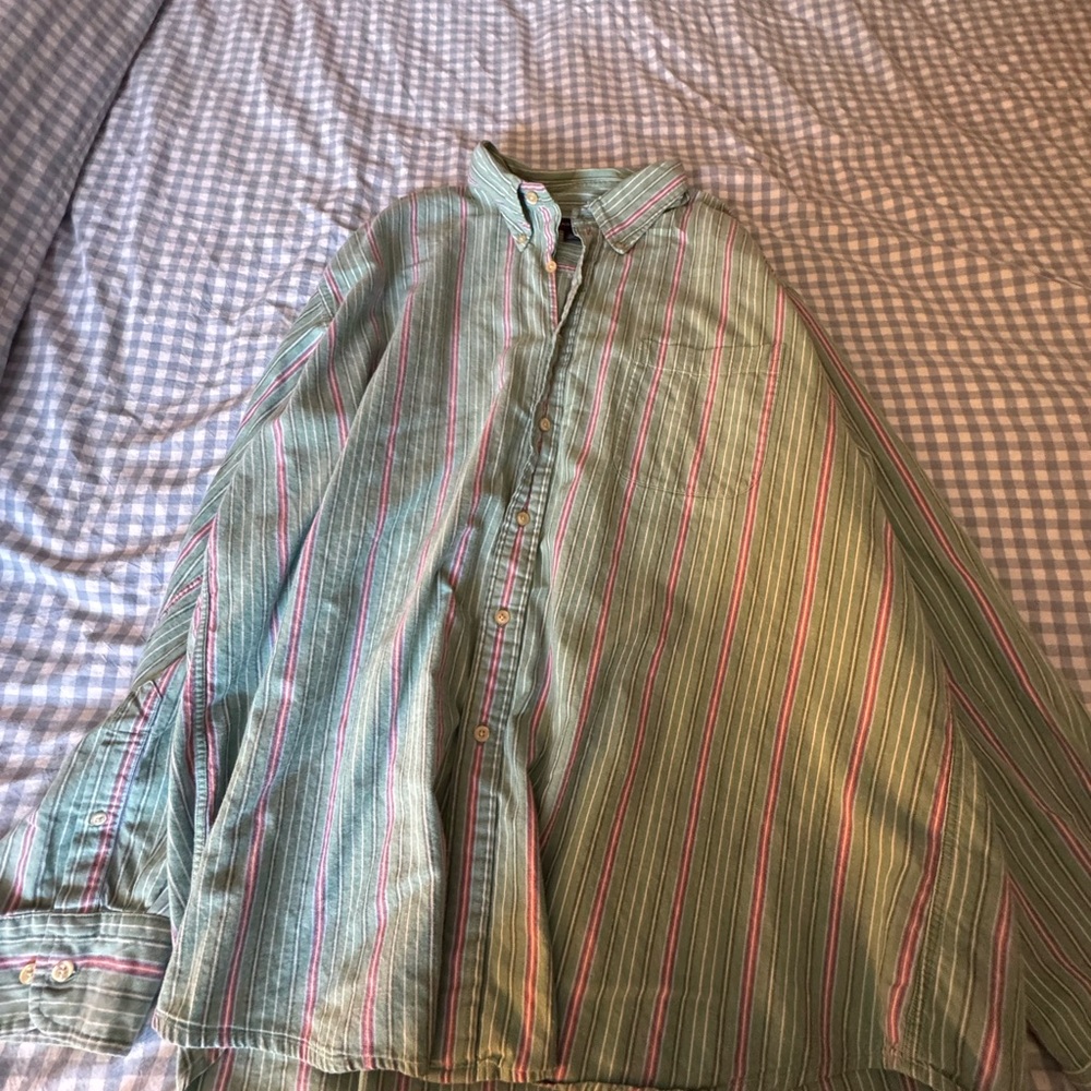 Lands' End Green and Pink Striped Men's Shirt